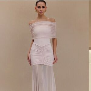 MESHKI Caspian Off-Shoulder Mesh Maxi Dress | Pale Pink | XS | New with Tags/